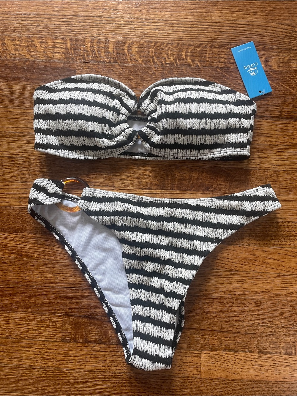 Cupshe Black and White Striped Bandeau Bikini with Ring Detail